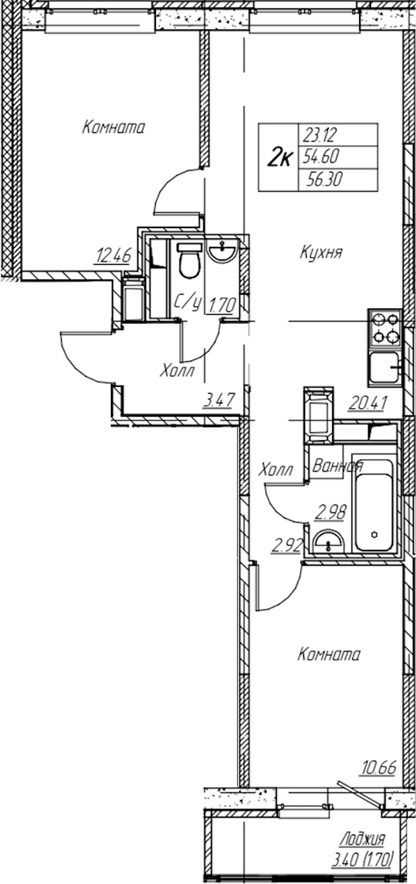 2-комнатная квартира 56.3 м², 19/22 эт., ЖК «Парк-квартал Юнтолово»